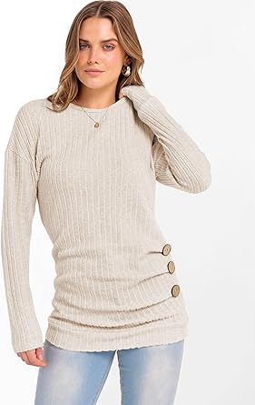 Women Long Sleeve Tunic Top with Leggings Crewneck Ribbed Knit Buttons Shirts 2025 Fall Casual Lightweight Sweaters