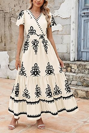 Womens 2025 Summer Casual V Neck Boho Maxi Dress Flowy Aline Bell Sleeve Tiered Floral Dresses with Pocket