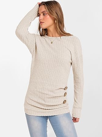 Women Long Sleeve Tunic Top with Leggings Crewneck Ribbed Knit Buttons Shirts 2025 Fall Casual Lightweight Sweaters
