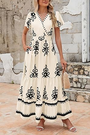 Womens 2025 Summer Casual V Neck Boho Maxi Dress Flowy Aline Bell Sleeve Tiered Floral Dresses with Pocket