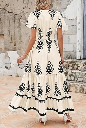 Womens 2025 Summer Casual V Neck Boho Maxi Dress Flowy Aline Bell Sleeve Tiered Floral Dresses with Pocket