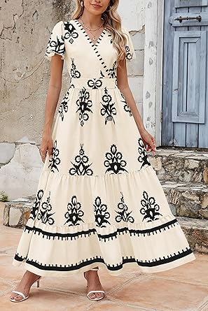 Womens 2025 Summer Casual V Neck Boho Maxi Dress Flowy Aline Bell Sleeve Tiered Floral Dresses with Pocket