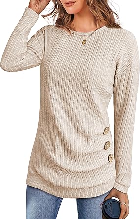 Women Long Sleeve Tunic Top with Leggings Crewneck Ribbed Knit Buttons Shirts 2025 Fall Casual Lightweight Sweaters
