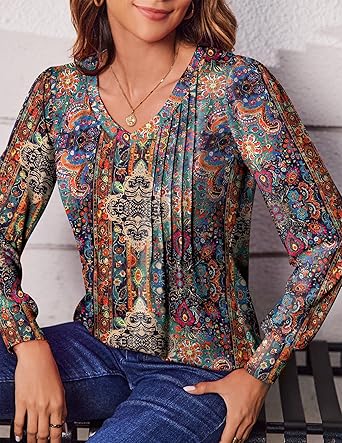 Women's Puff Long Sleeve Shirts Pleated V Neck Fall Tunic Tops Blouse Dressy Casual Loose Summer T-Shirts