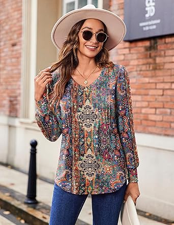 Women's Puff Long Sleeve Shirts Pleated V Neck Fall Tunic Tops Blouse Dressy Casual Loose Summer T-Shirts