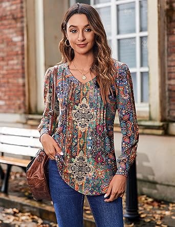 Women's Puff Long Sleeve Shirts Pleated V Neck Fall Tunic Tops Blouse Dressy Casual Loose Summer T-Shirts