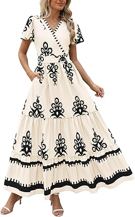 Womens 2025 Summer Casual V Neck Boho Maxi Dress Flowy Aline Bell Sleeve Tiered Floral Dresses with Pocket