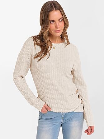 Women Long Sleeve Tunic Top with Leggings Crewneck Ribbed Knit Buttons Shirts 2025 Fall Casual Lightweight Sweaters