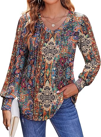 Women's Puff Long Sleeve Shirts Pleated V Neck Fall Tunic Tops Blouse Dressy Casual Loose Summer T-Shirts